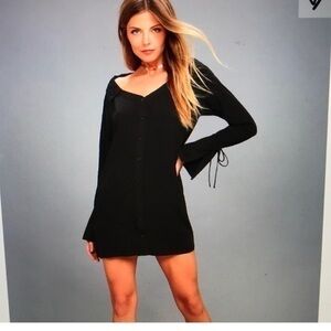Lulus City girl black long boho sleeve full button down pocket shirt dress large